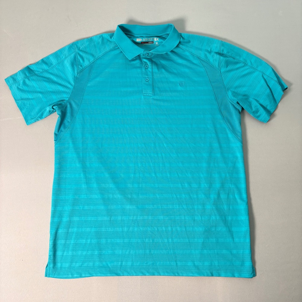 Ariat Mens AriatTEK Heat Series Polo Shirt Turquoise Blue Stripe Size Large